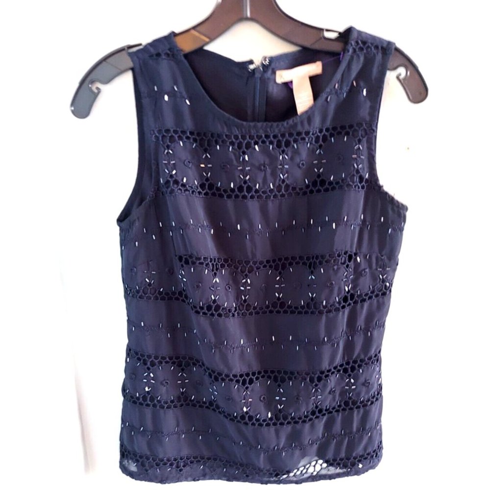 Banana Republic Beaded Top Blouse Size 2 Women Crochet Lace Black w/ Blue Hues